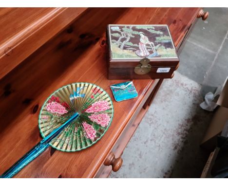 An Oriental Shibayama box and a vintage fan. 