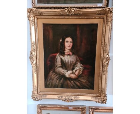 19th Century School, 3/4 length portrait depicting a seated girl wearing a gown, oil on canvas, 49cm x 63cm, unsigned, gilt s
