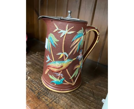F R Pratt & Co Aesthetic Movement jug, decorated with plants and birds.In good condition, no damage to the jug, the pewter li
