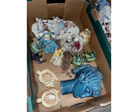Box of mixed ceramics including Wade, Aynsley, various figures including Chinese mud man, small pair of Fo Dogs, pair of toby