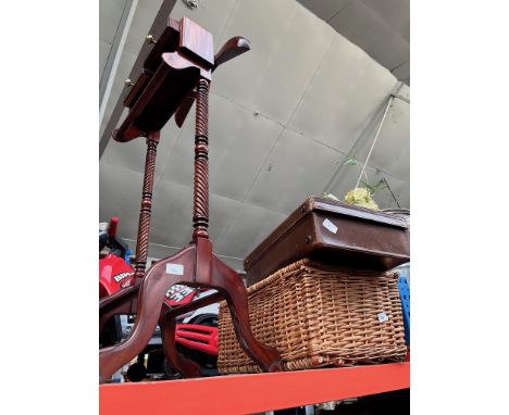 A mixed lot comprising a reproduction valet stand, a vintage leather case and a wicker picnic hamper. 