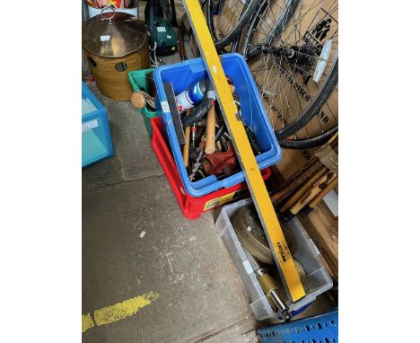 3 boxes of garageware, tools, etc and 1 box of exercise weights. 