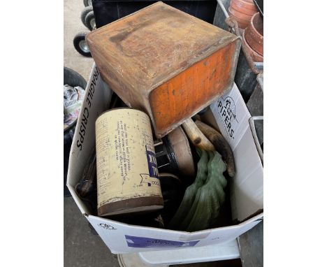 A box of containing 2 large carriage lamps, a vintage Esso fuel can, 3 vaseline glass Art Deco sconces and a wire cage contai