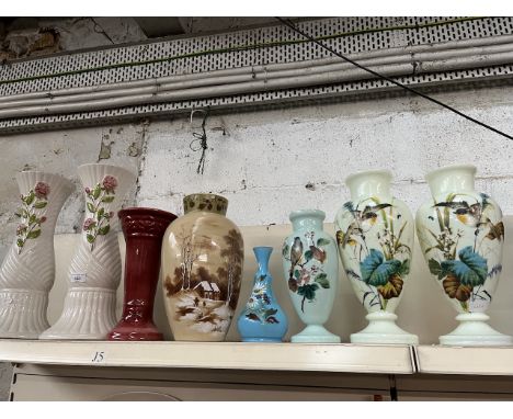 3 ceramic pedestal stands and 5 painted glass vases 