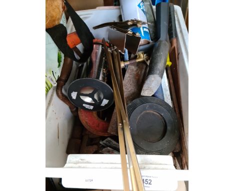 A box of tools including G clamps, brace and bit drill etc 