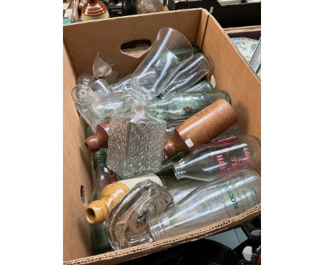 A box of vintage glass bottles, stoneware, earthenware, etc.One little milk bottle "Preston Dairies" in whole lot. 