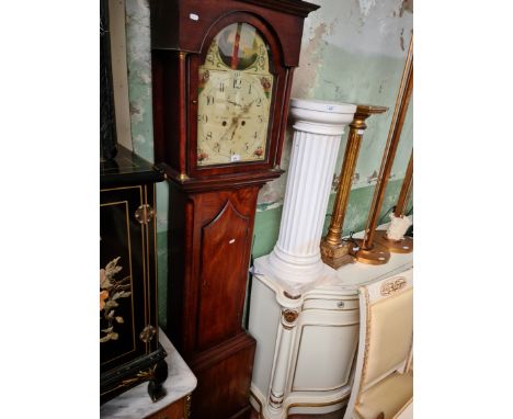 A Georgian mahogany longcase clock by Rd Young Newcastle with painted enamel dial, weights, pendulum and key. 