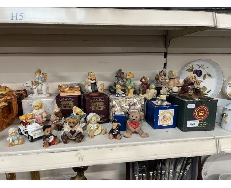 A collection of ceramic teddy bear figures including Cherished Teddies, Boyds Bears and Friends, Peter Fagan, Willow Hall. Ap