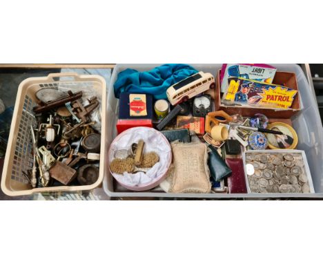 a box and a basket of various collectables to include football coins, toy guns, diecast bus, vintage photographs, ephemera, m