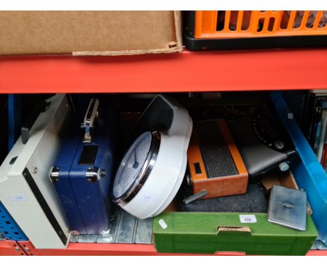 A box including 2 Roberts radios, Sky box, a Crosley portable record player, bathroom scales and a portable Olympia Traveller