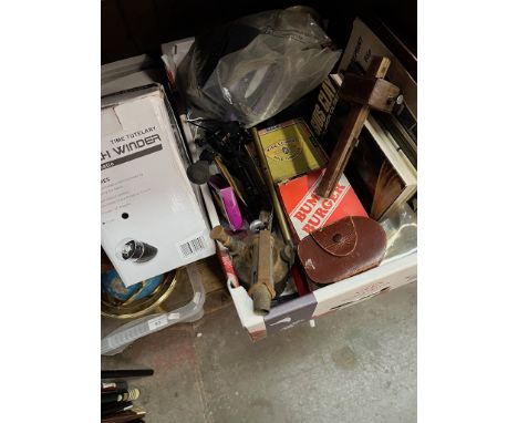 A box of collectables including automatic watch winder, book on Cassius Clay, Polaroid camera etc 