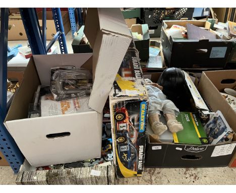 A Subaru Rally Scalextric, a box of playworn toy cars including Dinky, a box of boxed 007 cars with magazines, Darth Vader te