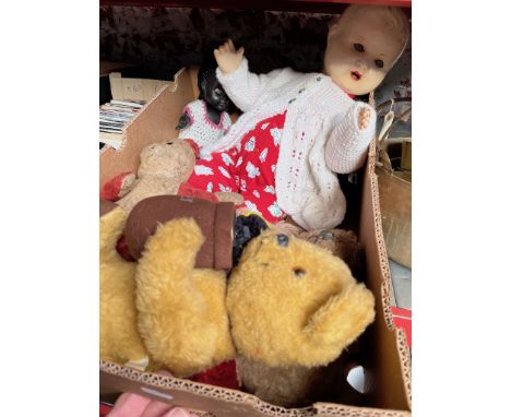 A box of vintage teddies and dolls 