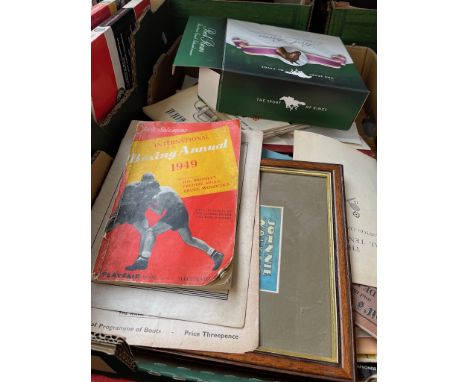 A box of sporting memorabilia, circa 1950s to 1980s, including programmes, signatures, athletics, boxing, catalogues, magazin