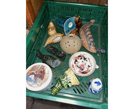 A box of ceramics and pottery to include Wade, Poole, etc. 