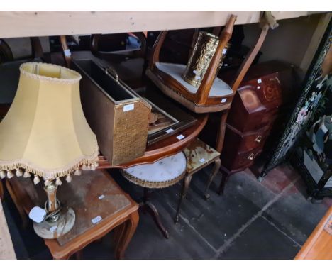 Various items of furniture; a Dutch style inlaid bureau, an Italian style inlaid table, an onyx and brass table, four French 