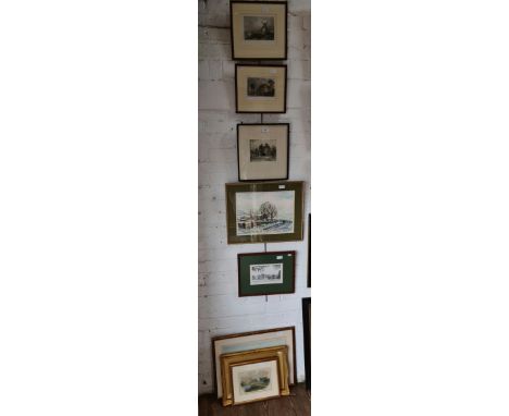 Assorted pictures comprising a watercolour depicting Jeffrey Hill by T Davis, a print of Lytham Windmill after Jim Ridout, a 