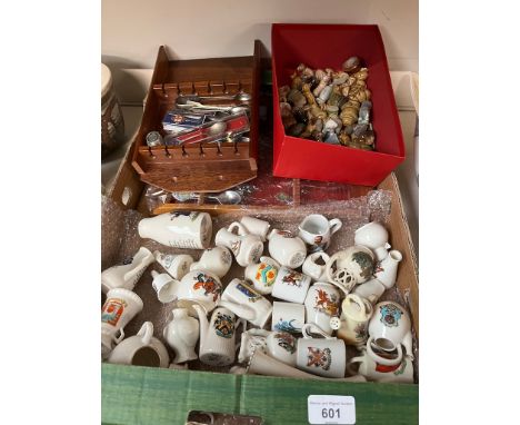 A quantity of Wade whimsies, crested ware (inc Goss), and 2 spoon display racks with some spoons 