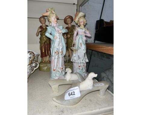 A pair of Royal Dux figures - boy with ram, girl with ewe; a pair of continental ceramic figures; and a pair of alabaster sho