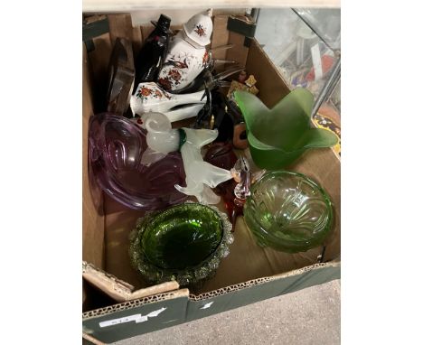 A box of mainly glassware, including coloured glass, with some ceramics and a barometer 