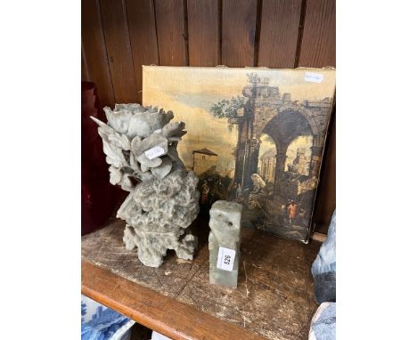 Two soapstone carved figures and print. 