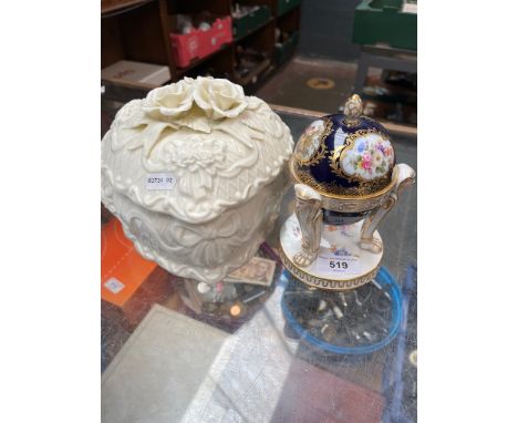 A 19th century porcelain inkwell, bearing Meissen crossed swords mark to base and a white porcelain heart shaped box and cove