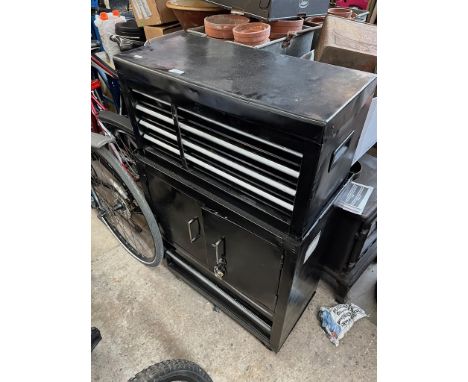 A mechanics tool cabinet with tools. 