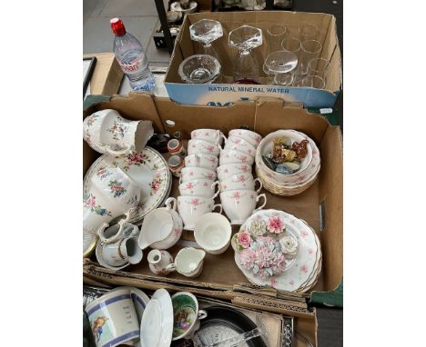 A box of glass and a box of ceramics including Royal Osborne tea set, Wade Whimsies, Aynsley Pembroke jugs etc 