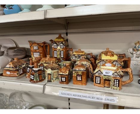 A box of ceramic cottage ware tea pots and jugs etc 