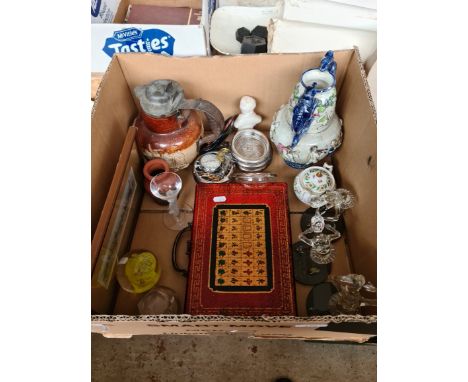 A box of collectables including Moorcroft pin dish, glass figures, stop watch, coasters, boxed mahjong game, vase etc 