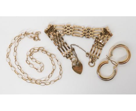 A 9ct gold gate bracelet with heart shaped clasp length 18cm, 9ct three colour gold creole earrings and a chain, combined wei