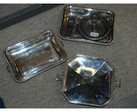 A lot comprising a pewter chamber stick, photo frame, entree dish etc Condition Report: Available upon request