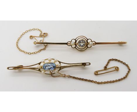 A 15ct gold aquamarine and pearl bar brooch length 6.7cm, together with a similar brooch with inscription length 5cm, weight 