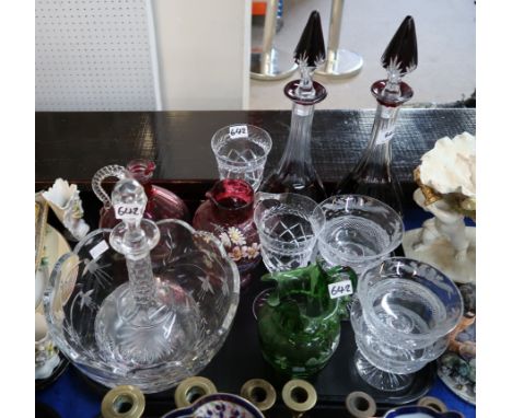 Four Edinburgh crystal thistle shaped champagne cocktail glasses, apair of ruby flashed and cut glass decanters, two cranberr