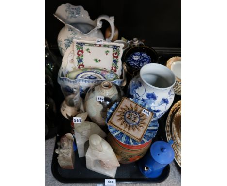 A Claire Barrett pottery dish, a sun face tile, other studio pottery, pottery ewer etc Provenance - The Estate of the late To