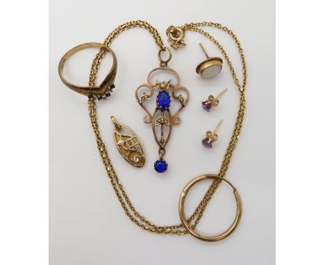 A 9ct gold blue glass and pearl Edwardian pendant, length 4.5cm with an 18ct gold chain  (clasp 9ct) chain approx 3gms, a 9ct
