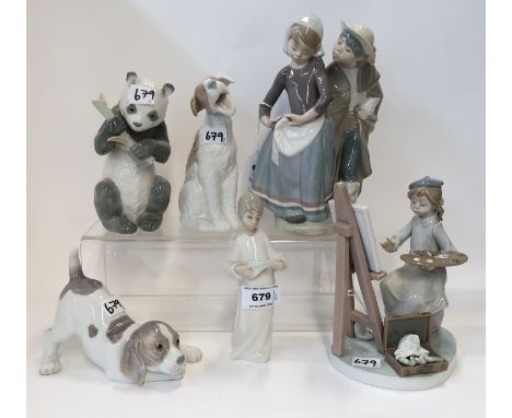 Three Llado figures including a couple, a girl at an easel, and a dog together with three Nao figures Condition Report: Girl 