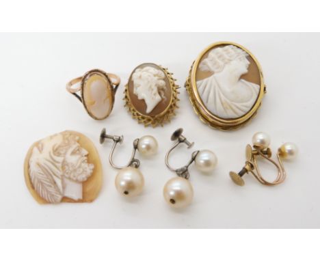 A 9ct mounted cameo brooch, a further example in yellow metal, 9ct pearl earrings and a ring mount combined weight 15.6gms Co