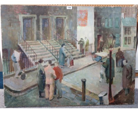 GLASGOW SCHOOL Street scene, oil on canvas, 76 xx 102cm, ceramic panel, textile and nude, oil on canvas, unframed (4) Conditi