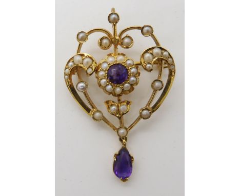 A 9ct amethyst and pearl Edwardian pendant brooch, length 4.2cm, weight 4.7gms Condition Report: Available upon request