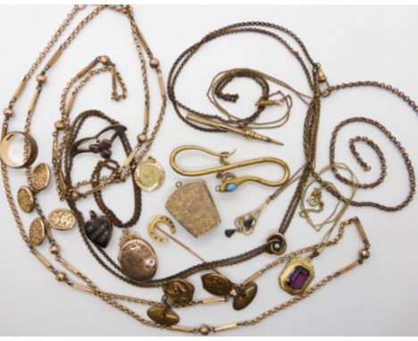 A collection of gold plated vintage items to include a horseshoe pin by FIX, art nouveau cufflinks, guard chains etc Conditio