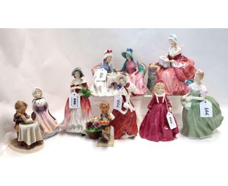 Four Royal Doulton figures including Afternoon Tea, Penelope, Clarissa, and Christmas Morn, together with five other figures 
