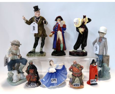 A Crown Staffordshire figure Mr Micawber, two Plant Tuscan figures Masquerade and Town Crier, four miniature Riyal Doulton fi