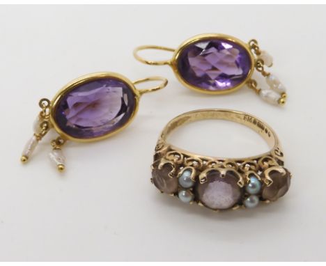 A 9ct gold amethyst and pearl ring size O1/2, weight 3gms, together with a pair od 18ct gold amethyst and pearl earrings weig