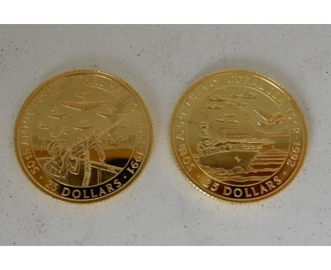 A 1991 Solomon Islands twenty-five dollar gold proof coin - 50th Anniversary Pearl Harbour with a 1992 Solomon Islands twenty