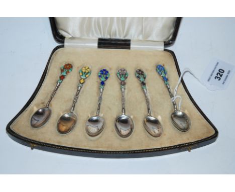 A cased set of six silver and floral enamel coffee spoons, Birmingham 1929 Condition Report: Available upon request