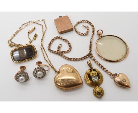 A collection of 9ct gold  and yellow metal items to include a pair of Ciro clear gem and pearl earrings, a yellow metal hair 