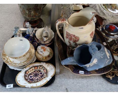 A blue pottery jug, a blossom decorated ewer, tapestry bell pull and assorted other items etc Condition Report: Not available