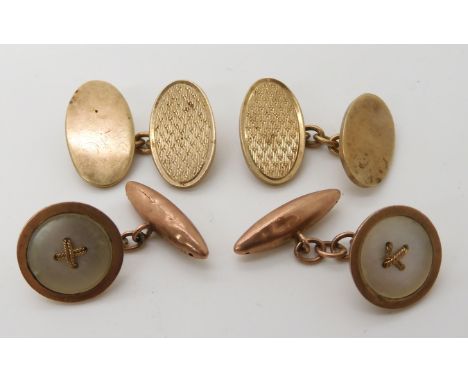 A pair of 9ct gold oval cufflinks together with a further pair of 9ct cufflinks set with mother of pearl, combined weight 16.