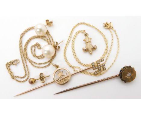 A diamond set stick pin a 14k pearl set swastika pin, Ortak viking longship pendant pearl earrings, 9ct chains etc, weight co